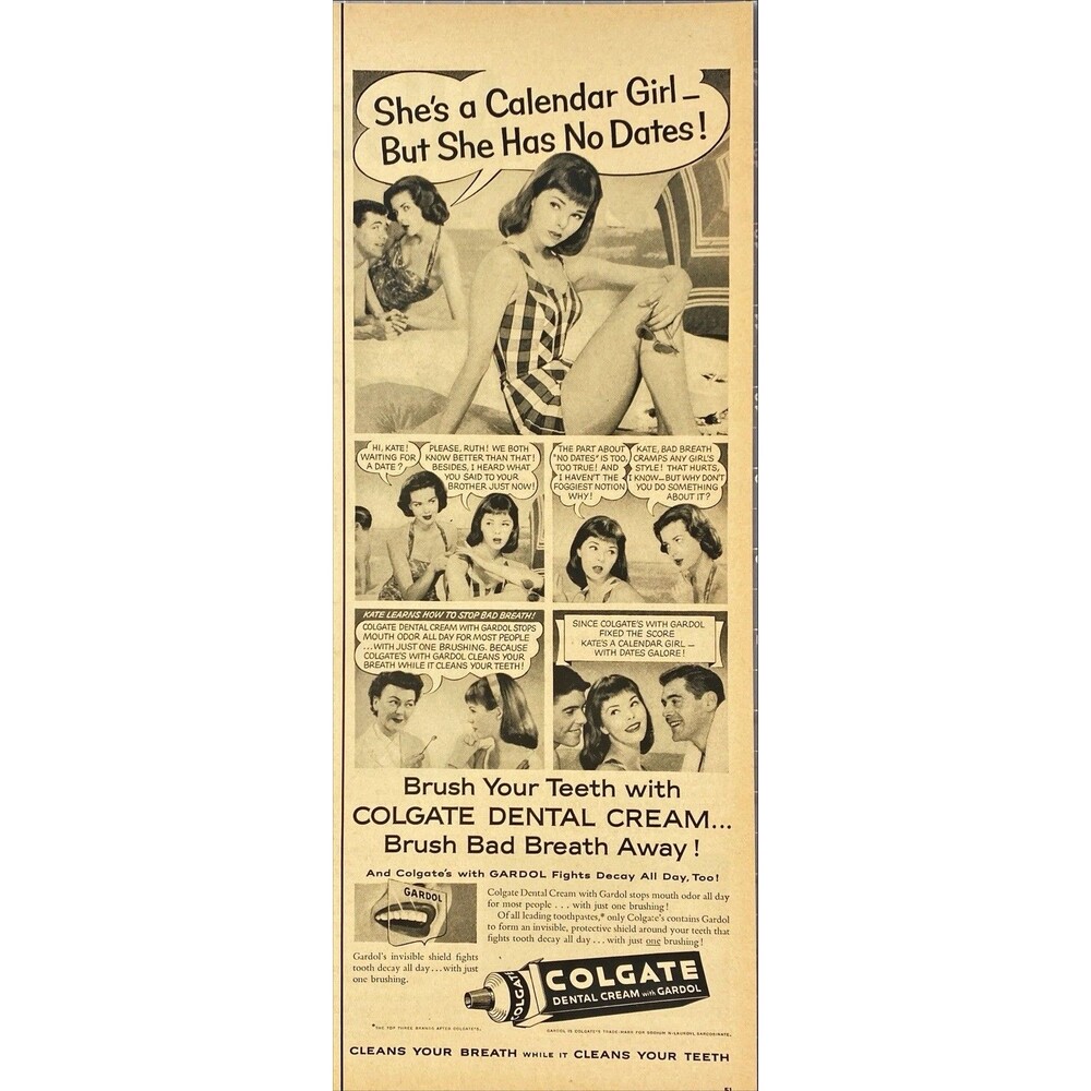 Colgate Dental Cream with Gardol "A Calendar Girl with No Dates" Print Ad 1957